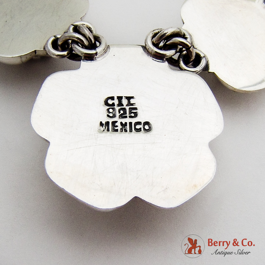 Figural Blossom Chain Necklace Earrings Set Sterling Silver Mexico