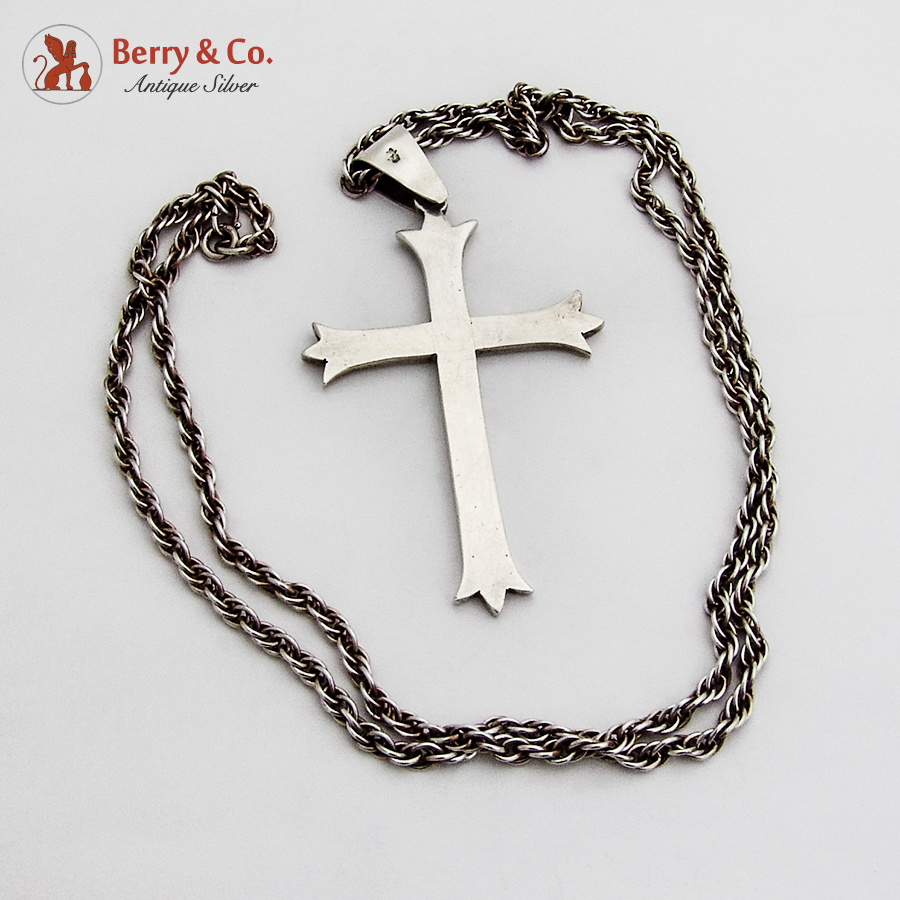 Art Moderne Large Cross Pendant Long Chain Sterling Silver Mexico