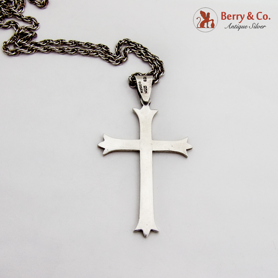 Art Moderne Large Cross Pendant Long Chain Sterling Silver Mexico