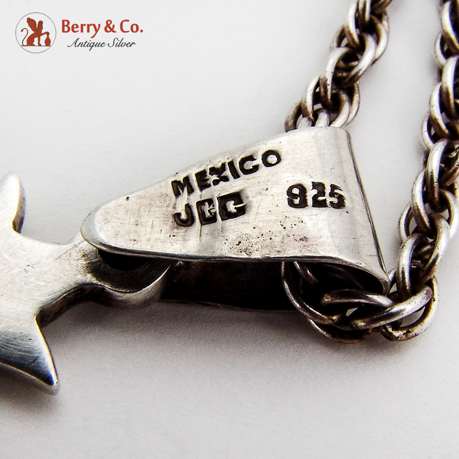 Art Moderne Large Cross Pendant Long Chain Sterling Silver Mexico