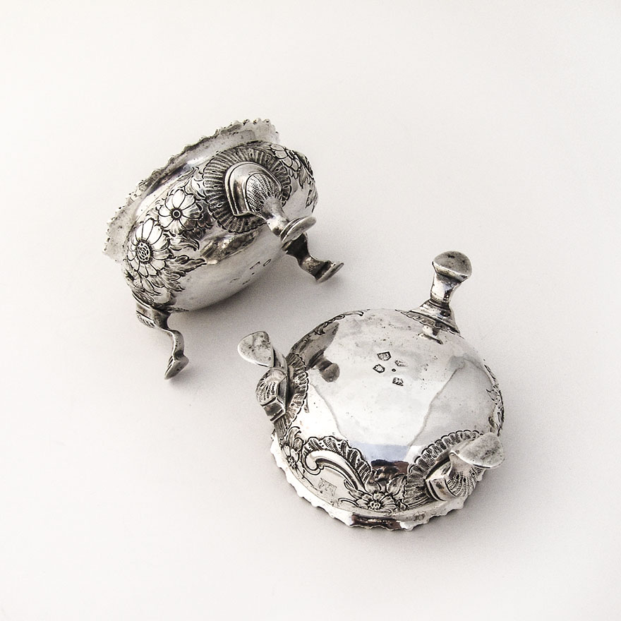 George II Open Salts Pair James Smith Sterling Silver 1736 Winged Spur Crest