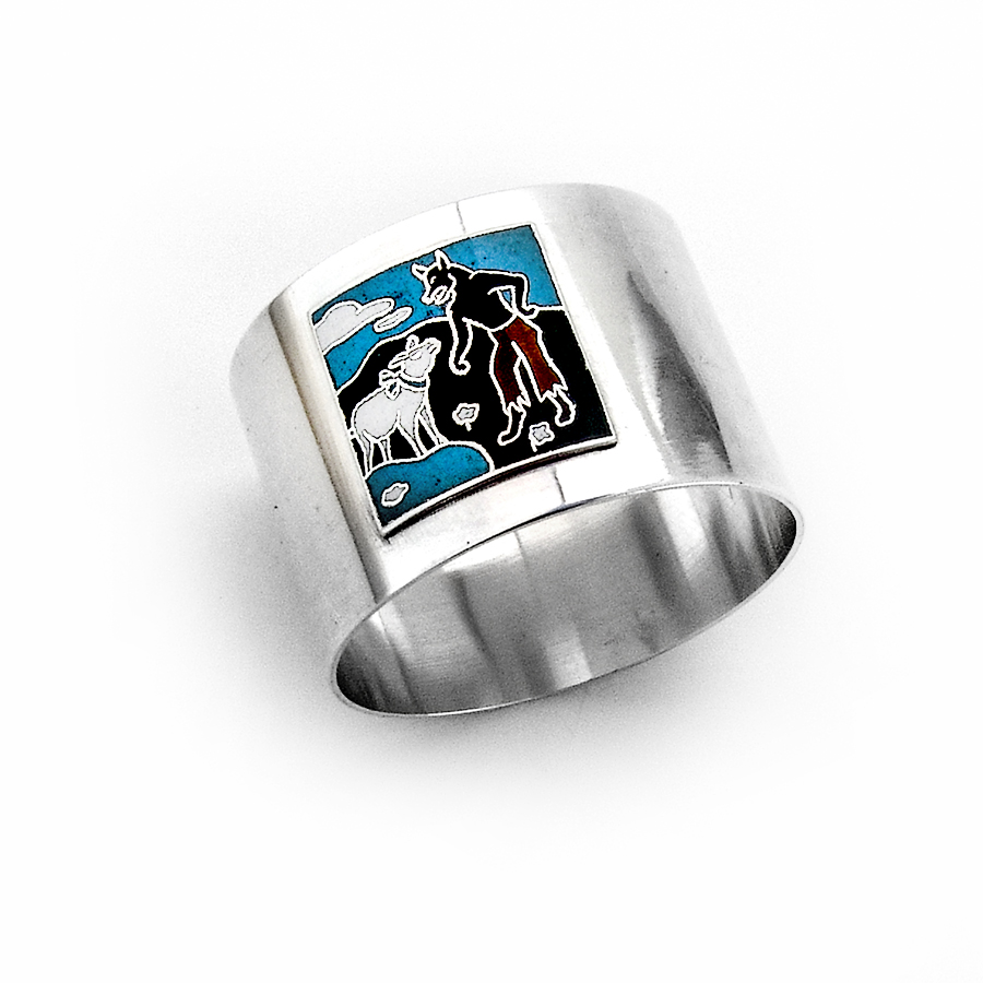 Enamel Wolf Sheep Wide Napkin Ring French Silverplate 1940