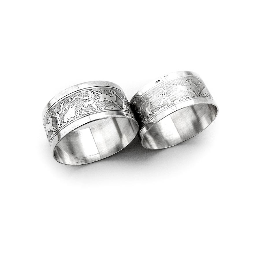 Art Deco Scenic Engraved Napkin Rings Pair French Silverplate