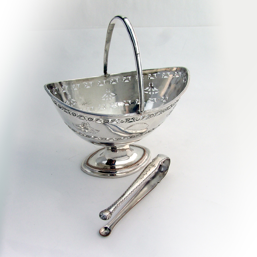 Old Sheffield Plate Cutwork Sugar Basket Tongs Set Silverplate 1790s