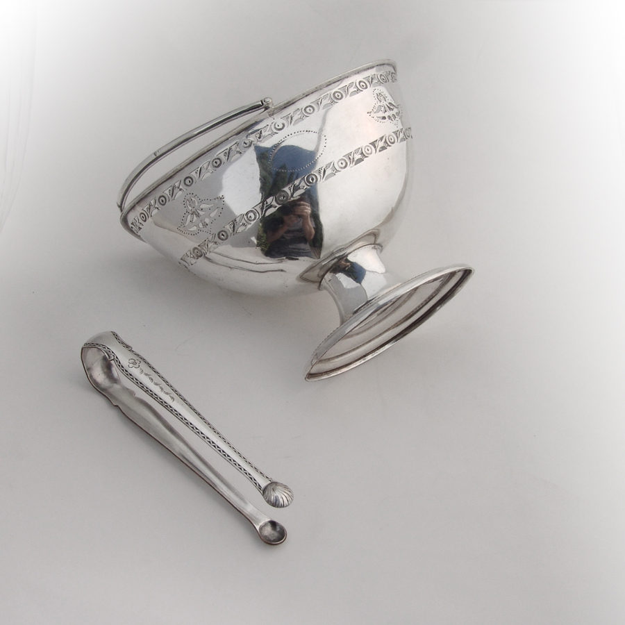 Old Sheffield Plate Cutwork Sugar Basket Tongs Set Silverplate 1790s