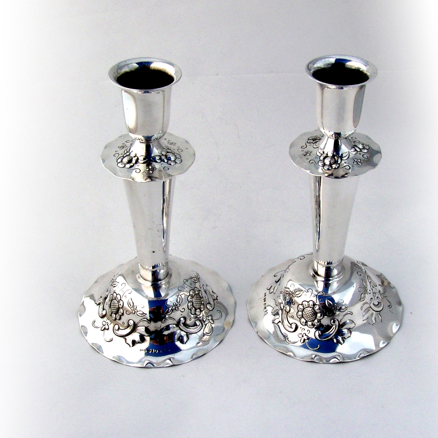 Swedish Floral Candlesticks Pair Sterling Silver 1950 Weighted