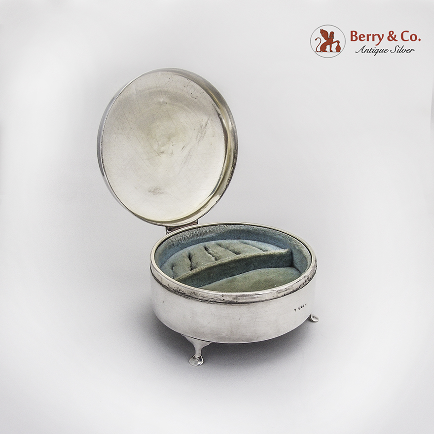 English Round Fitted Jewelry Box Sterling Silver 1921 Mono R