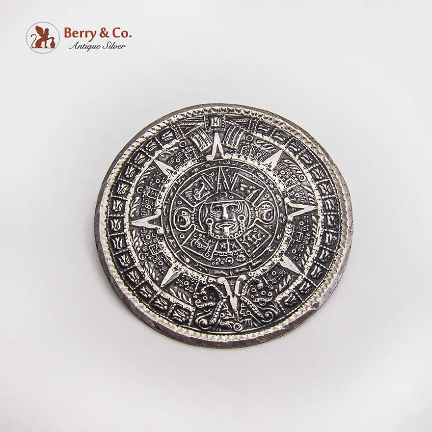 Aztec Calendar Brooch Pendant Sterling Silver Mexico
