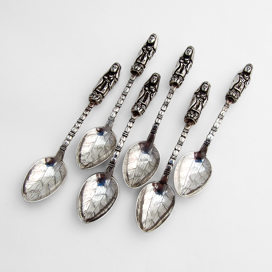 Figural Demitasse Spoons Set Engraved Bowls Chinese Export Sterling Silver