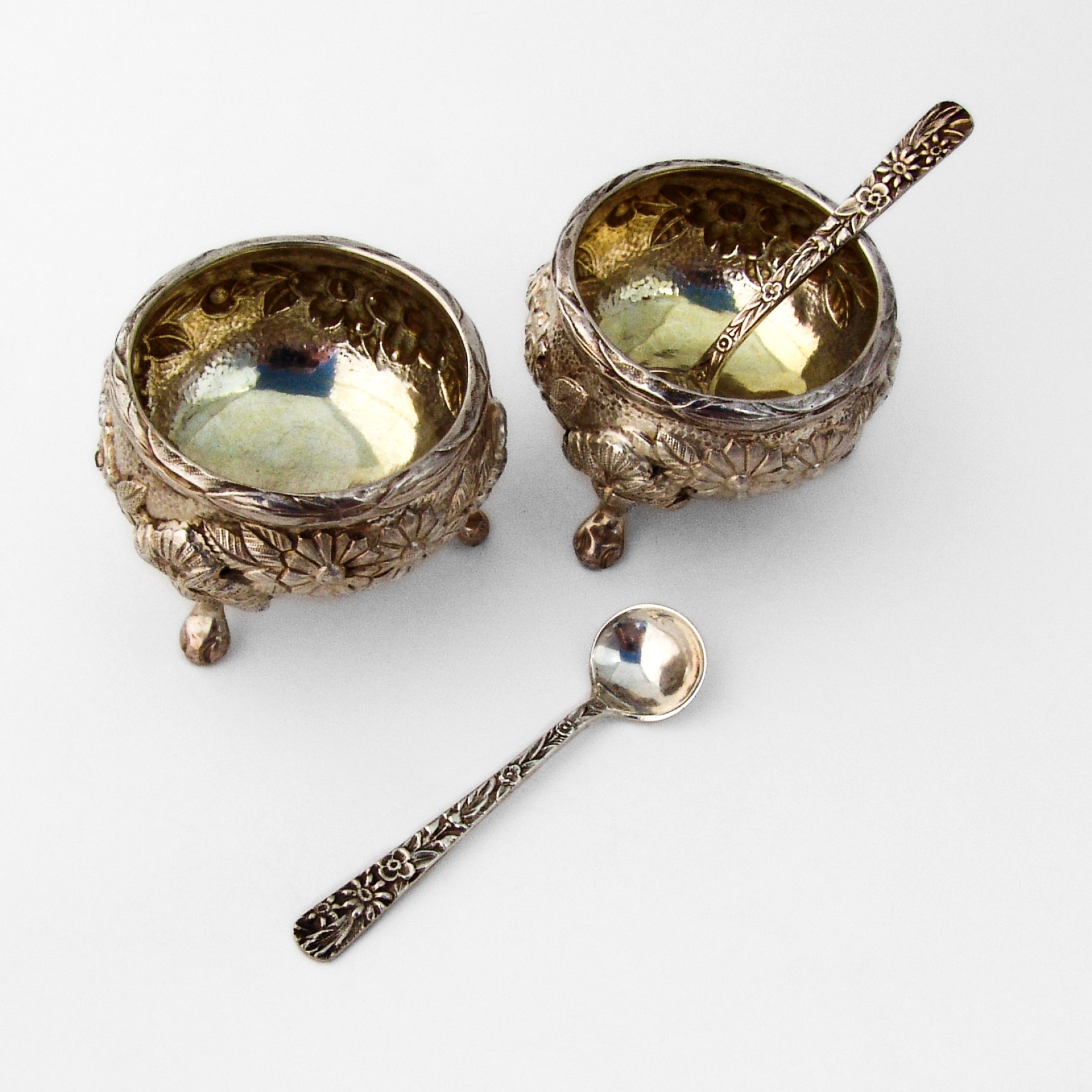 Floral Footed Open Salts Spoons Pair Yuchang Chinese Export Silver