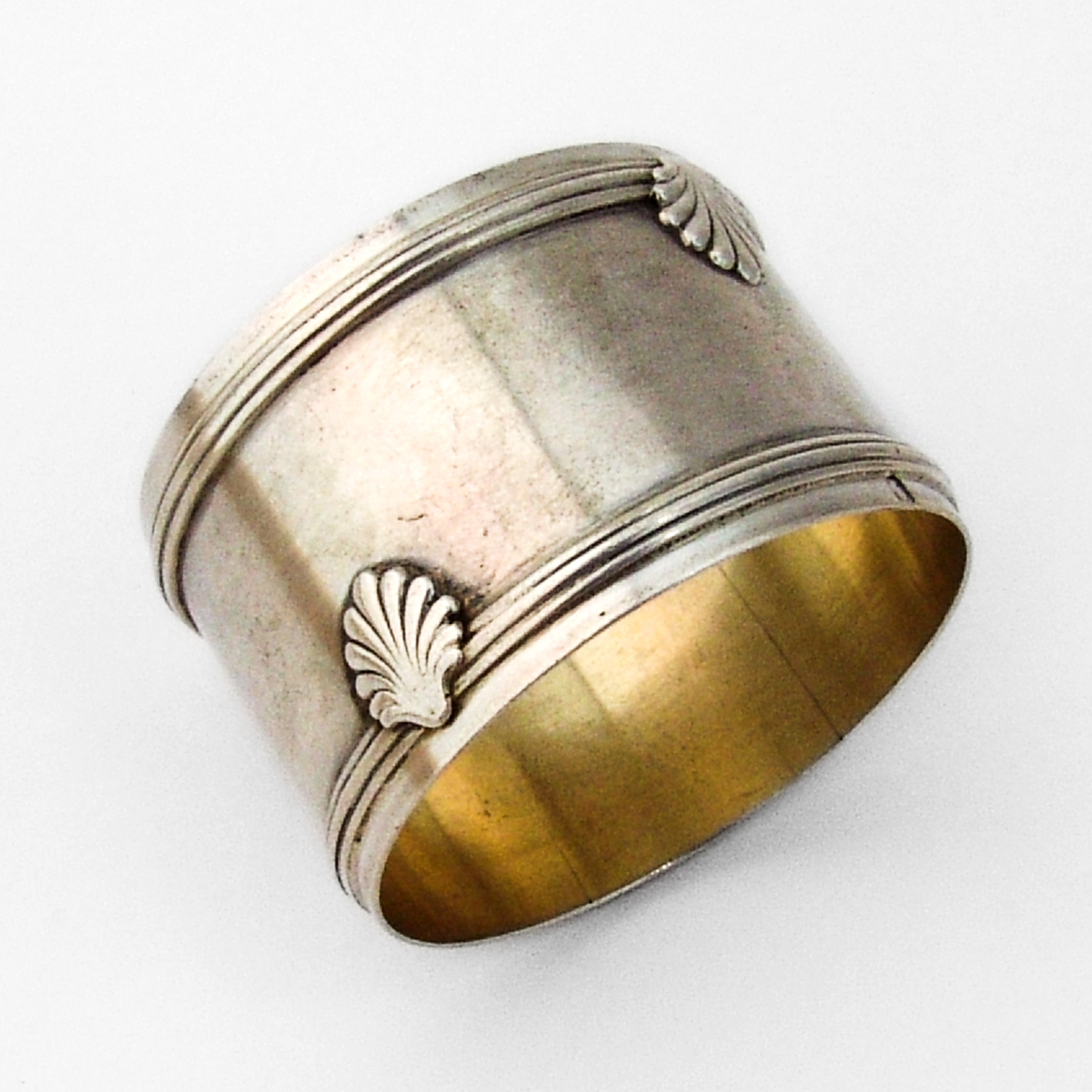French Banded Shell Napkin Ring Gilt Interior 950 Sterling Silver 1900