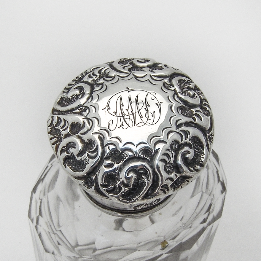 English Cut Glass Cologne Bottle Repousse Lid Sterling Silver 1896 Mono AML