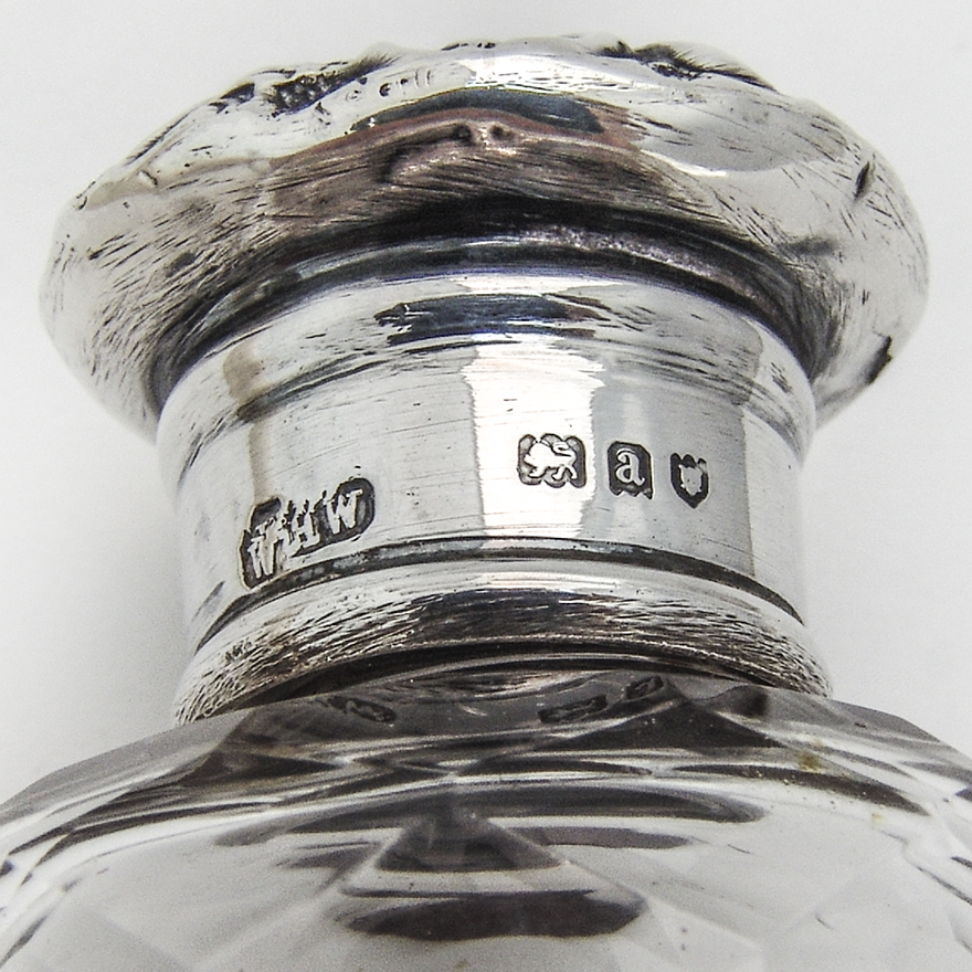 English Cut Glass Cologne Bottle Repousse Lid Sterling Silver 1896 Mono AML