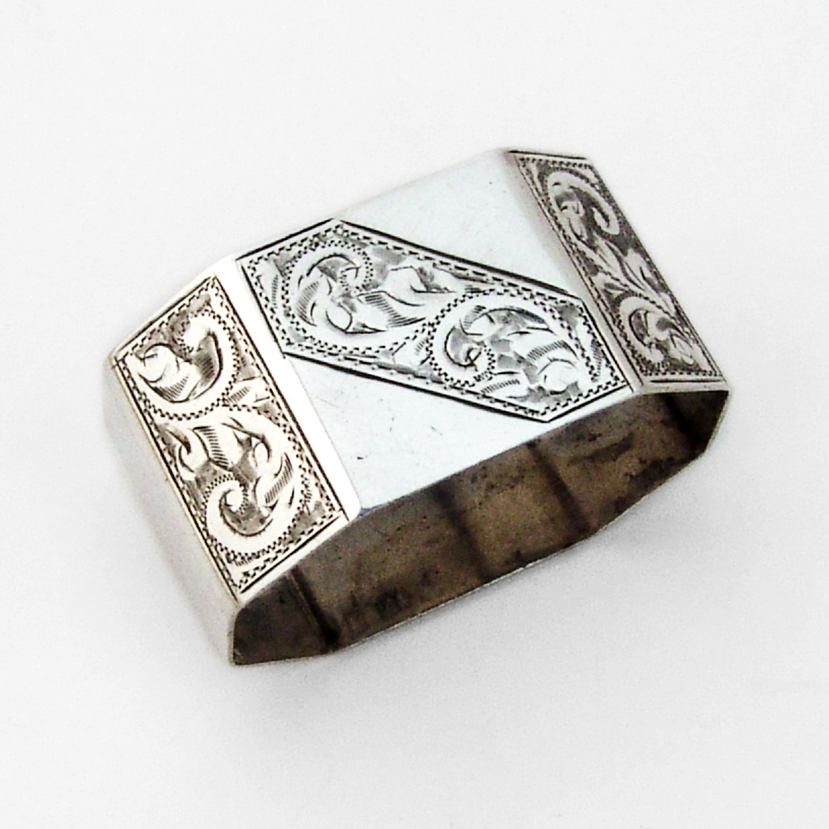 English Bright Cut Panelled Napkin Ring John Rose Sterling Silver 1961