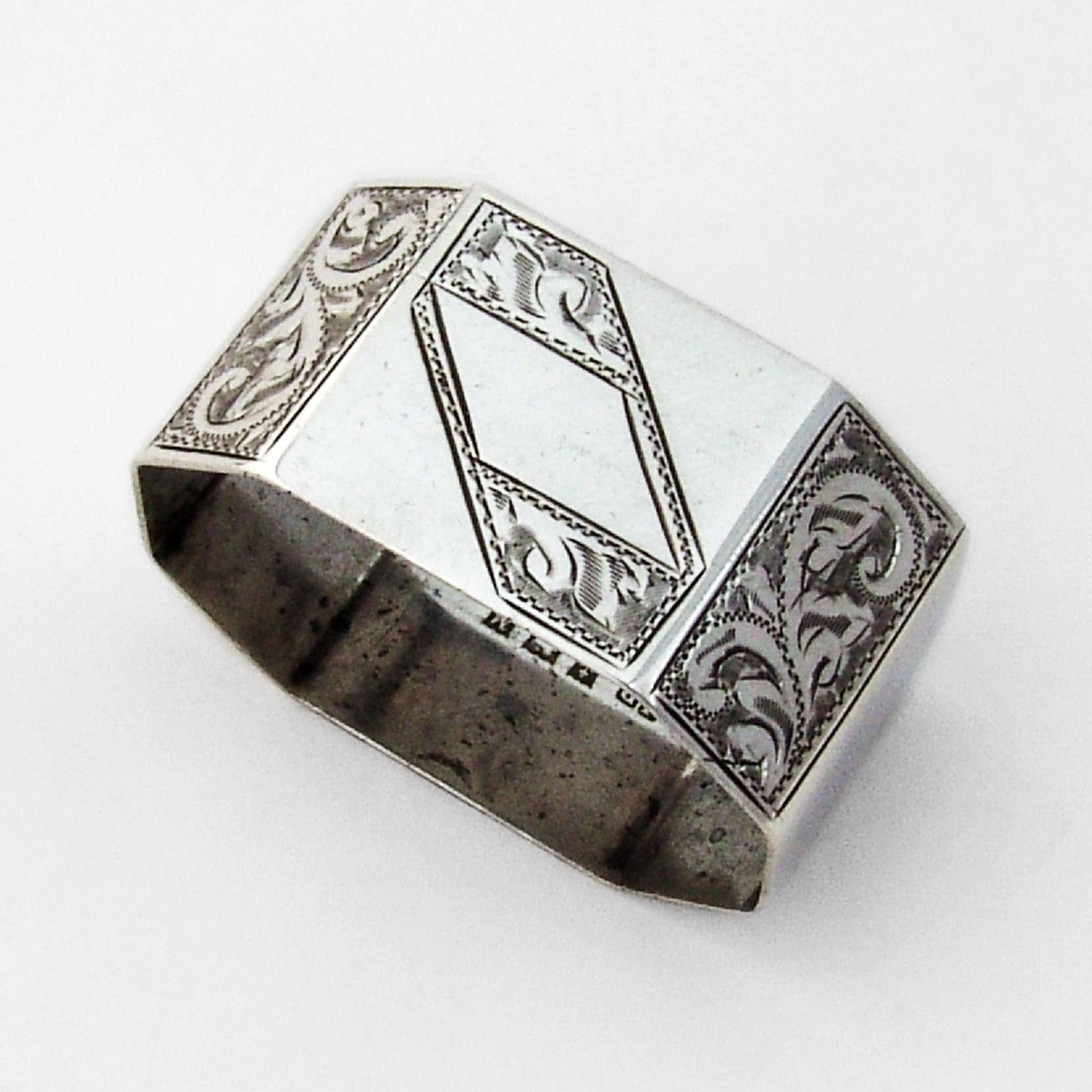 English Bright Cut Panelled Napkin Ring John Rose Sterling Silver 1961