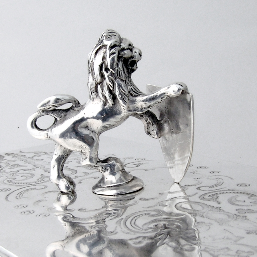 English Jewelry Basket Ball Feet Lion Finial Silverplate 1875 Engraved Crest