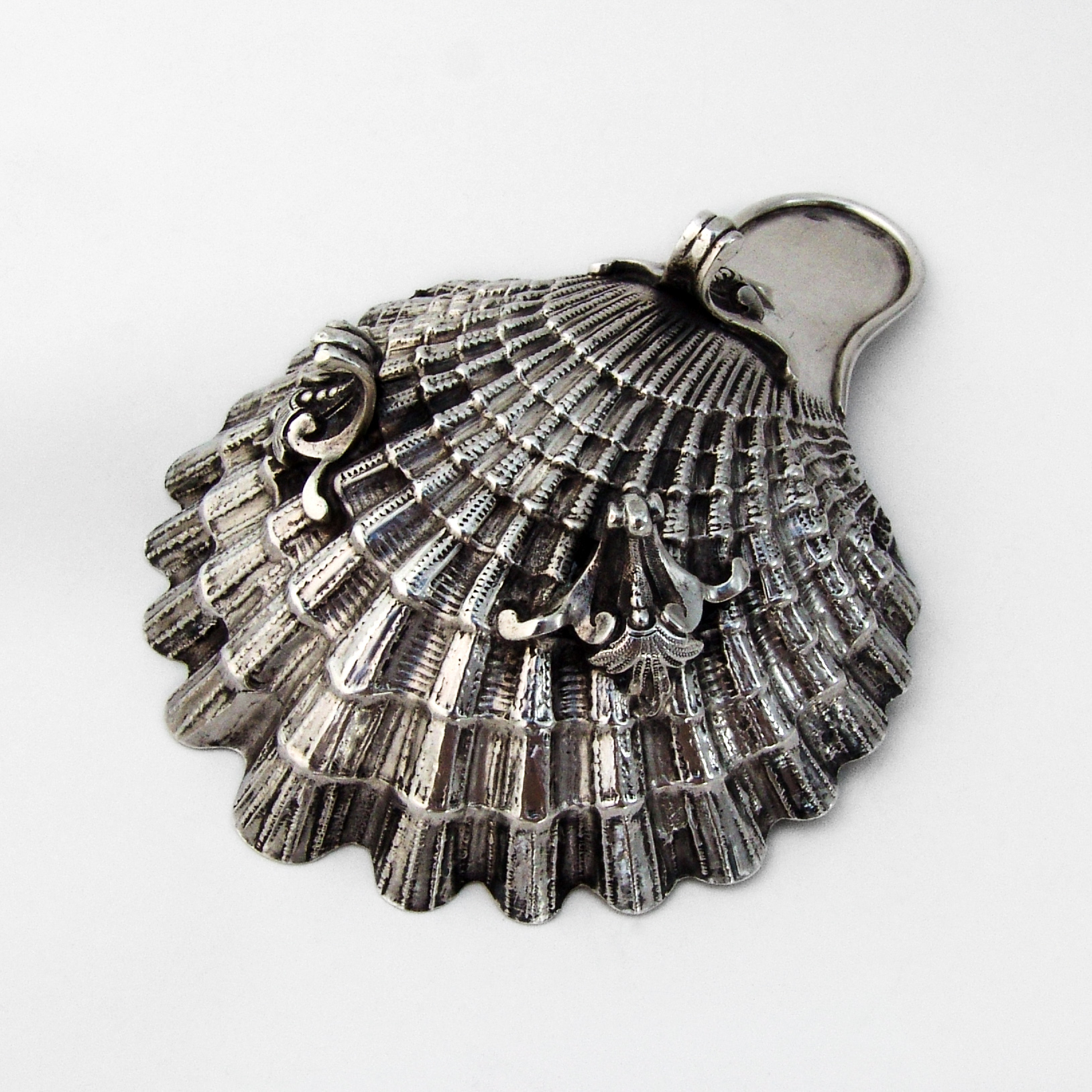 French Shell Dish Tab Handle Figural Feet 950 Sterling Silver 1890