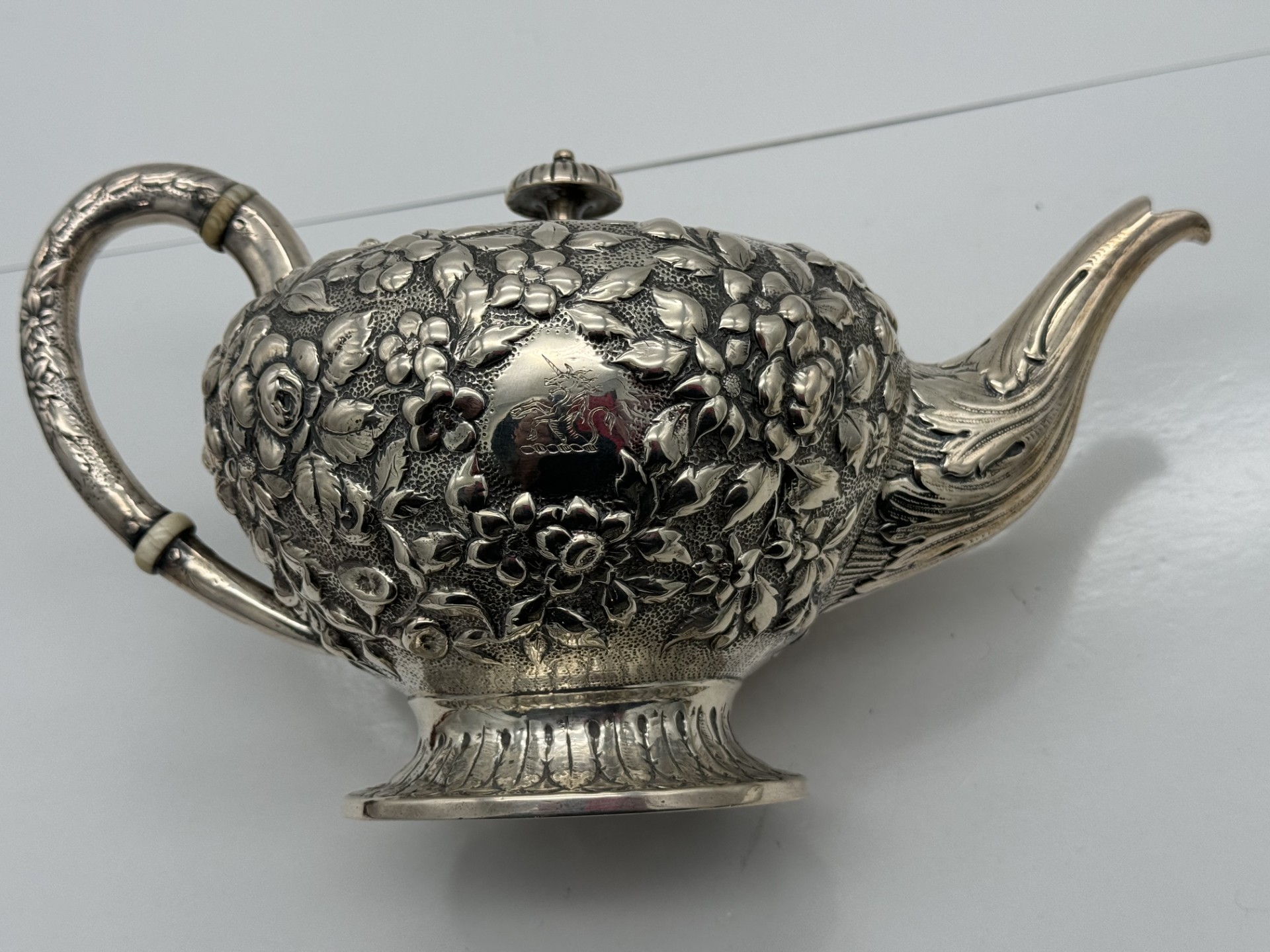 Repousse Coin Silver Teapot and Stand Unicorn Crest 1840