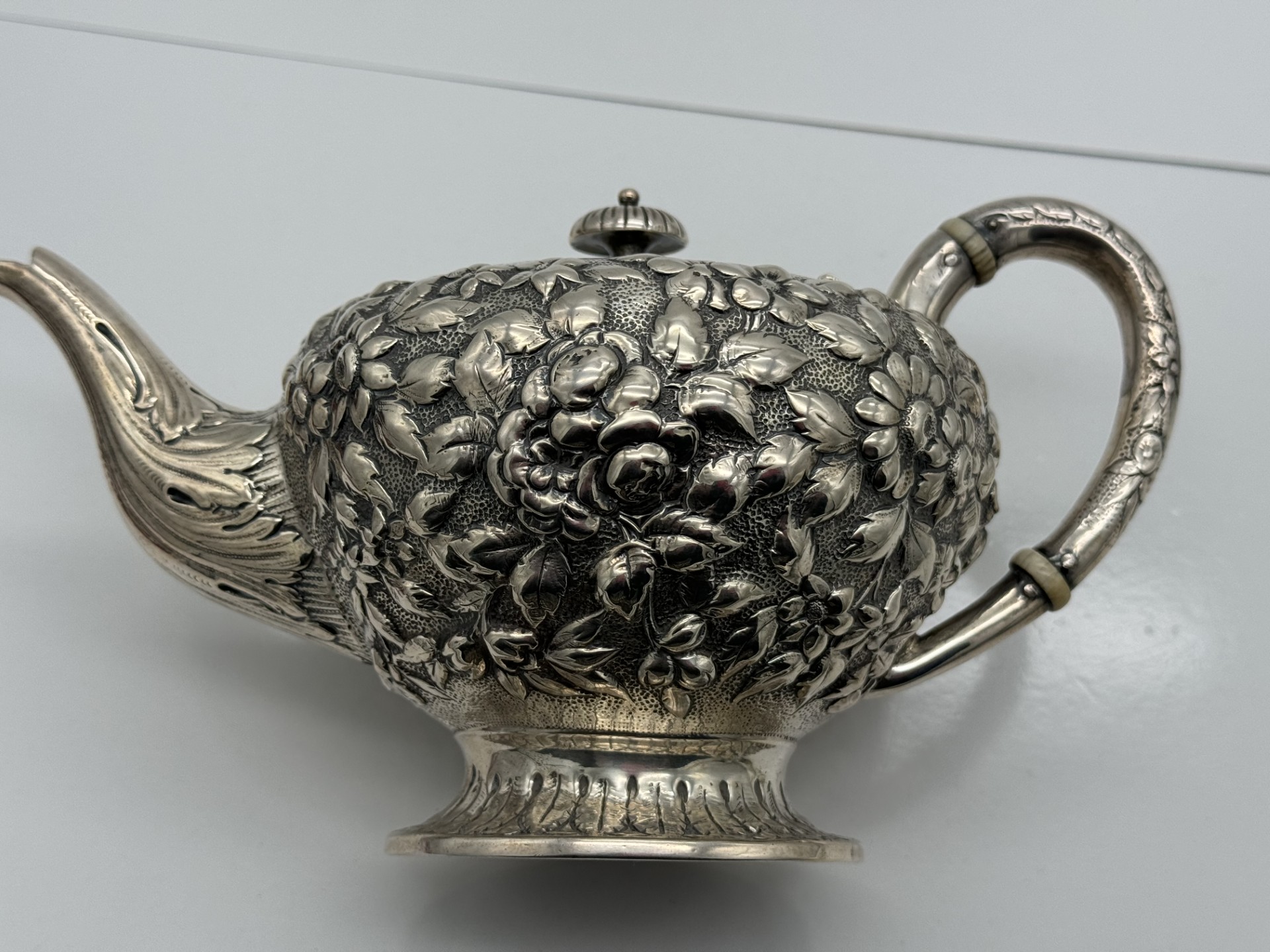 Repousse Coin Silver Teapot and Stand Unicorn Crest 1840