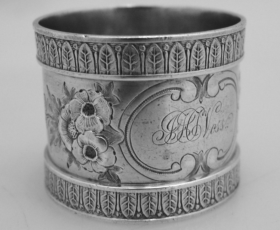 Repousse Floral Napkin Ring Wood and Hughes Coin Silver 1880