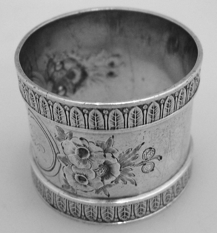 Repousse Floral Napkin Ring Wood and Hughes Coin Silver 1880