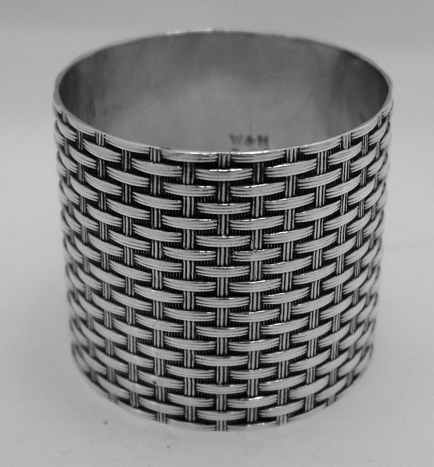 Basket Weave Napkin Ring Wood Hughes Coin Silver 1875  
