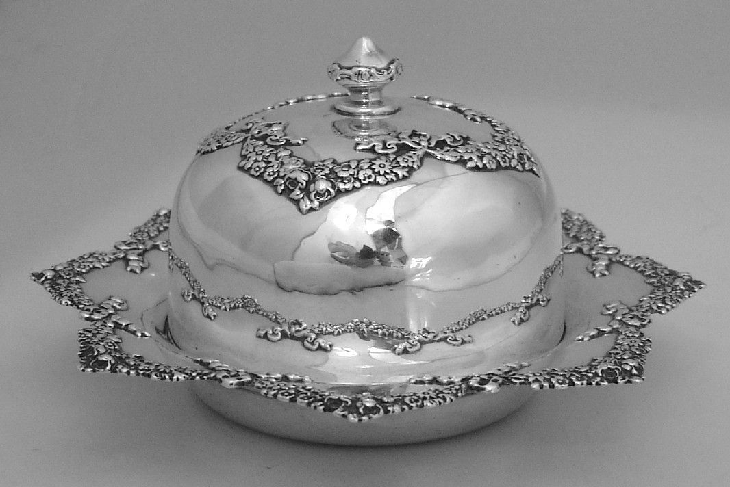 Covered Butter Dish Ornate Floral Wreath Shreve Sterling Silver 1895
