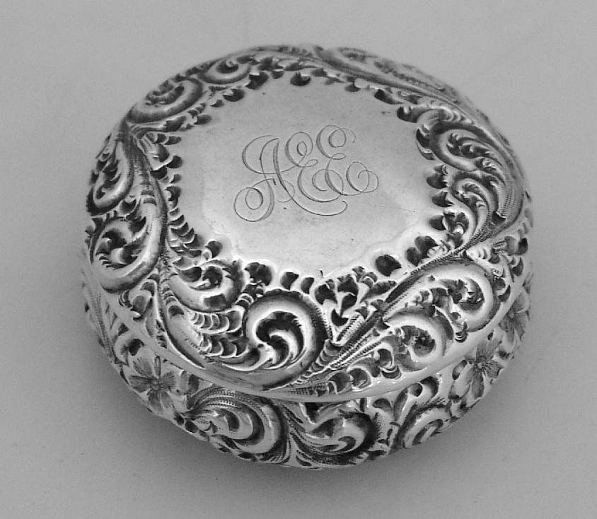 Repousse Floral Scroll Pill Box Sterling Silver 1880