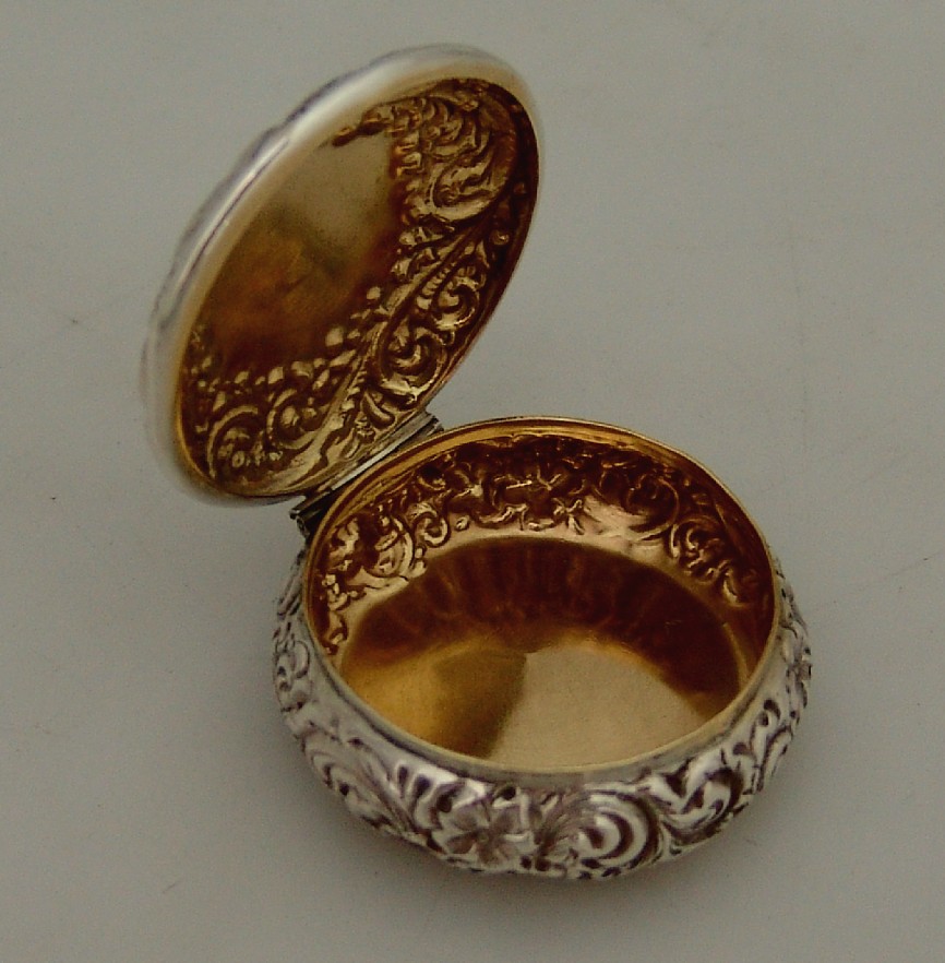 Repousse Floral Scroll Pill Box Sterling Silver 1880
