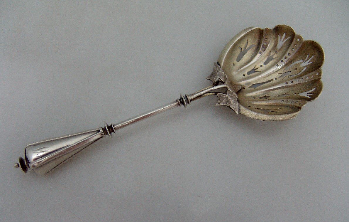 George Sharp Collared Ivy Leaf Sifter Ladle 1865 Sterling Silver