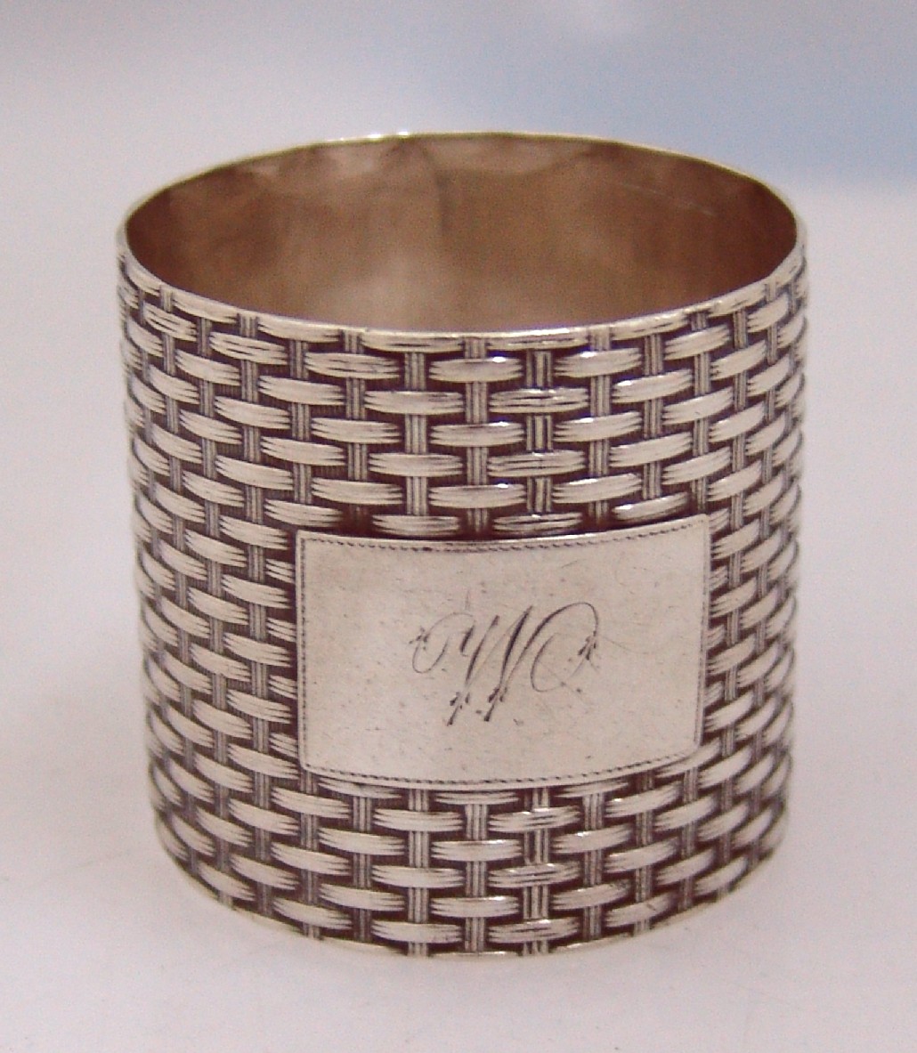 American Coin Silver Basket Weave Napkin Ring Wood Hughes New York 1870