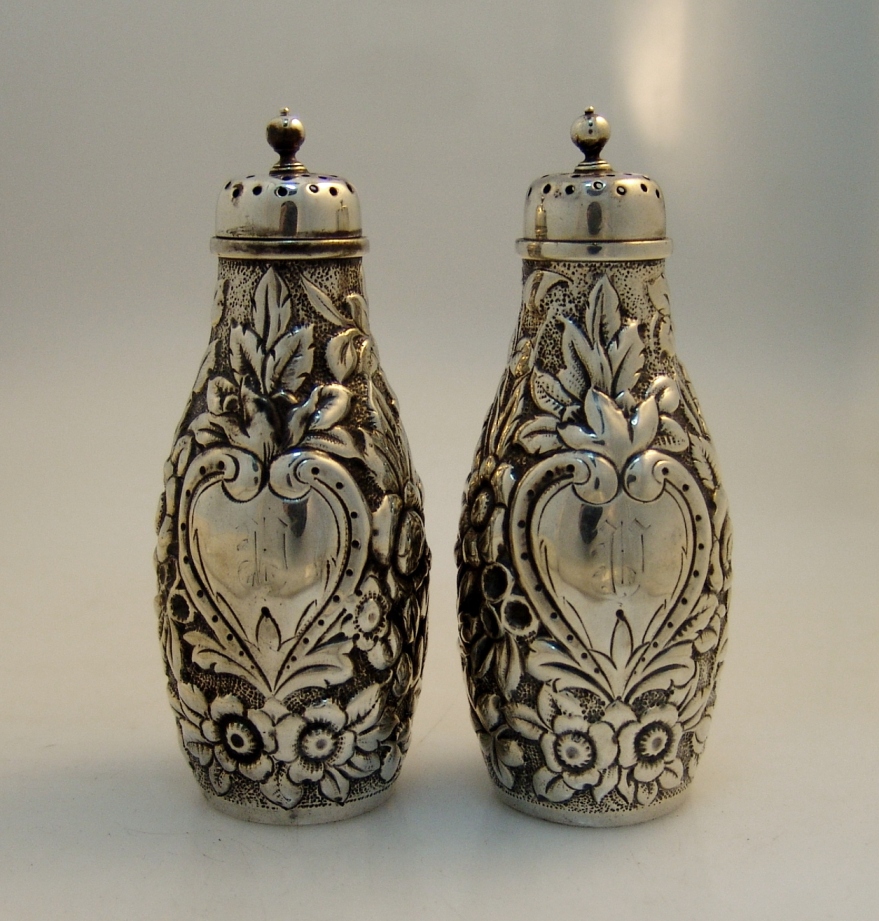 American Sterling Silver Dominick and Haff Repousse Salt Pepper Shakers 1875