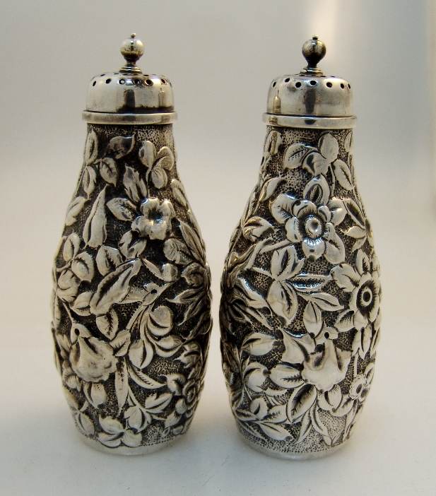 American Sterling Silver Dominick and Haff Repousse Salt Pepper Shakers 1875