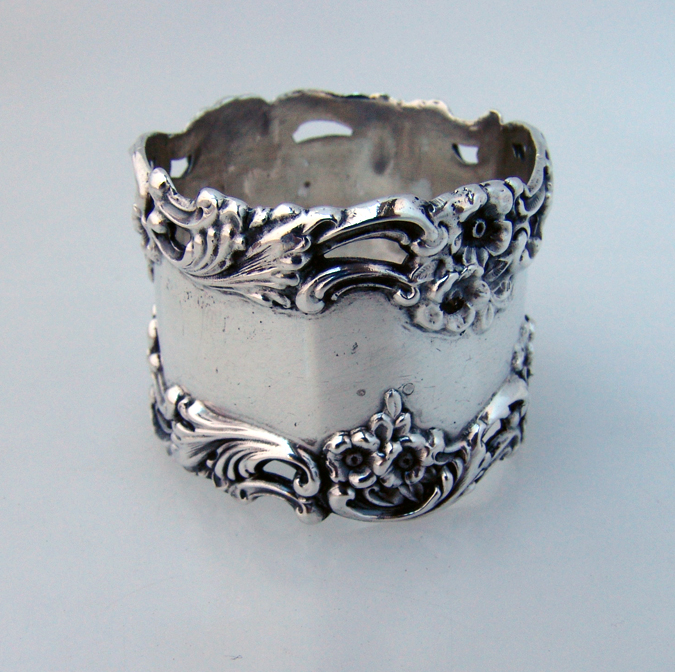 Baroque Floral Open Work Scroll Napkin Ring Simons Sterling Silver 1890