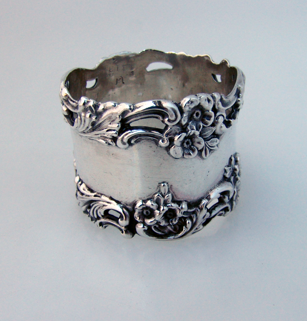Baroque Floral Open Work Scroll Napkin Ring Simons Sterling Silver 1890