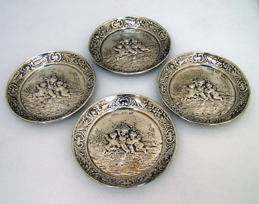 Repousse Cherub 4 Butter Pats German 800 Silver 1890