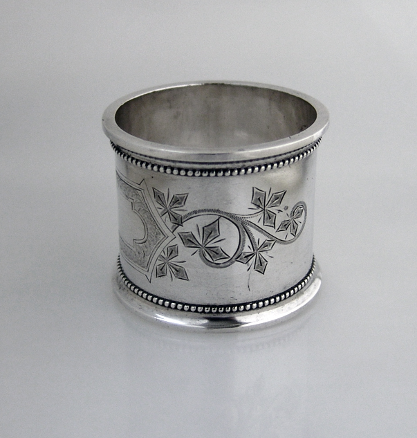 Foliate Beaded Rim Large Napkin Ring Coin Silver 1870