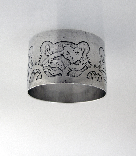Arts and Crafts Napkin Ring Floral Acid International 1910 Sterling Silver