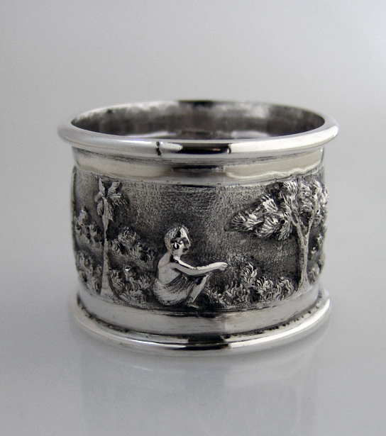 Indian Colonial Napkin Rings Repousse Village Scene Sterling Silver 1890