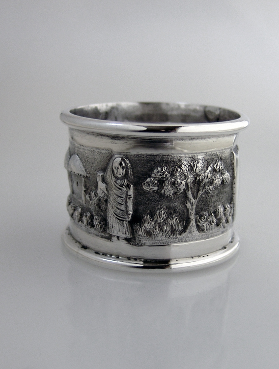 Indian Colonial Napkin Rings Repousse Village Scene Sterling Silver 1890