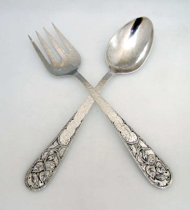 Marshall Fields Salad Set Arts nd Crafts Floral Hammered Sterling Silver 1915