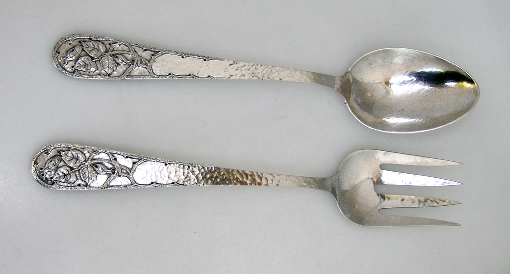 Marshall Fields Salad Set Arts nd Crafts Floral Hammered Sterling Silver 1915