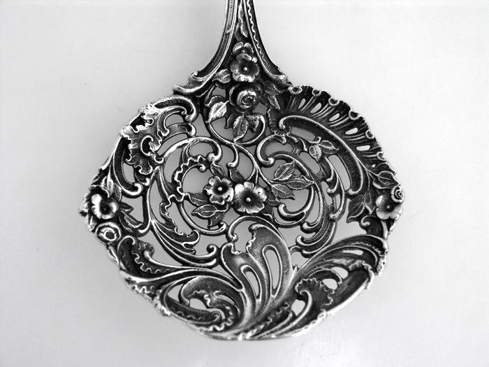 Large Cast Bon Bon Server Floral Scroll Shell Open Work Sterling Silver 1900