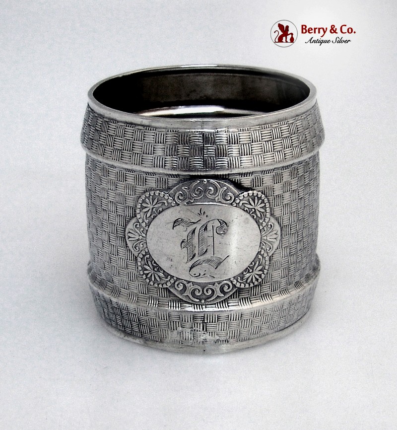 Basket Weave Napkin Ring Coin Silver Wood and Hughes 1875 Monogram L