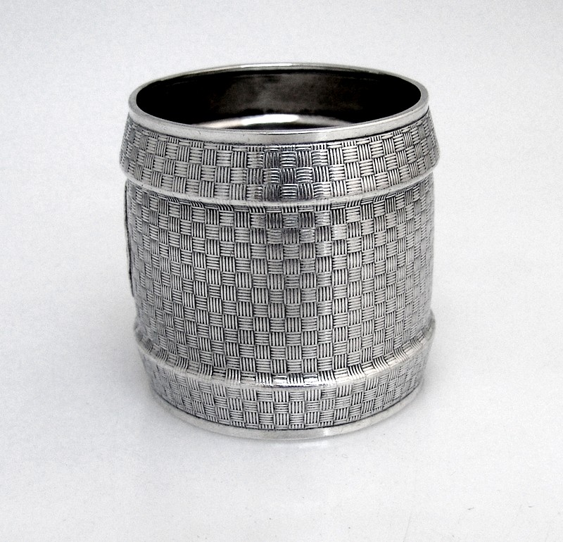 Basket Weave Napkin Ring Coin Silver Wood and Hughes 1875 Monogram L