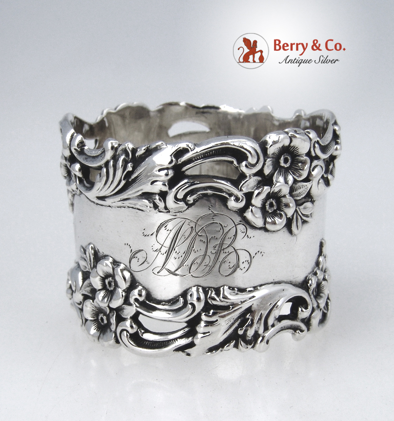 Open Work Floral Napkin Ring Foliate Scroll Simons Brothers 1900 Sterling Silver Monogram ADB