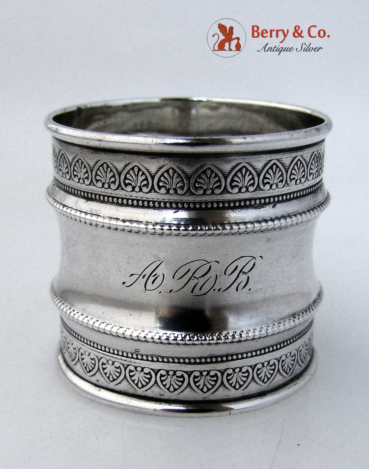 Palmette Beaded Napkin Ring Sterling Silver 1880 Monogram ARB