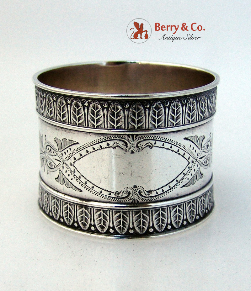 Aesthetic Fern and Dart Napkin Ring Wood and Hughes Coin Silver 1875 No Monogram
