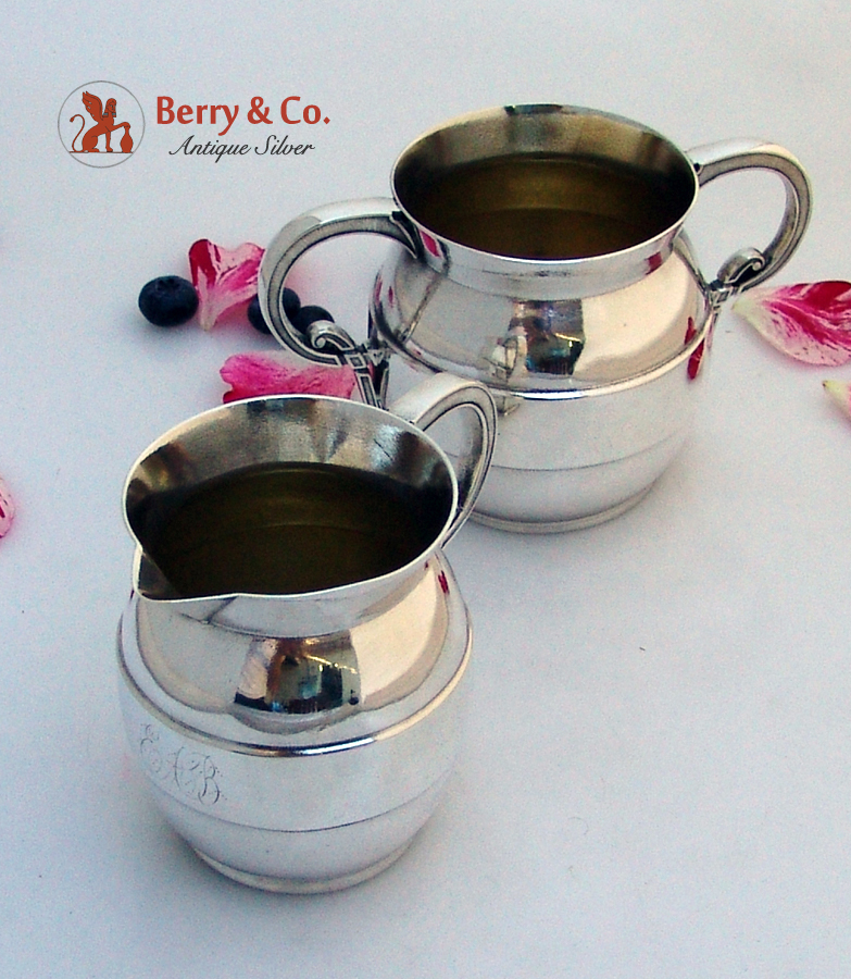 Barrel Form Cream Sugar Whiting Sterling SIlver 1875 Monogram EAB