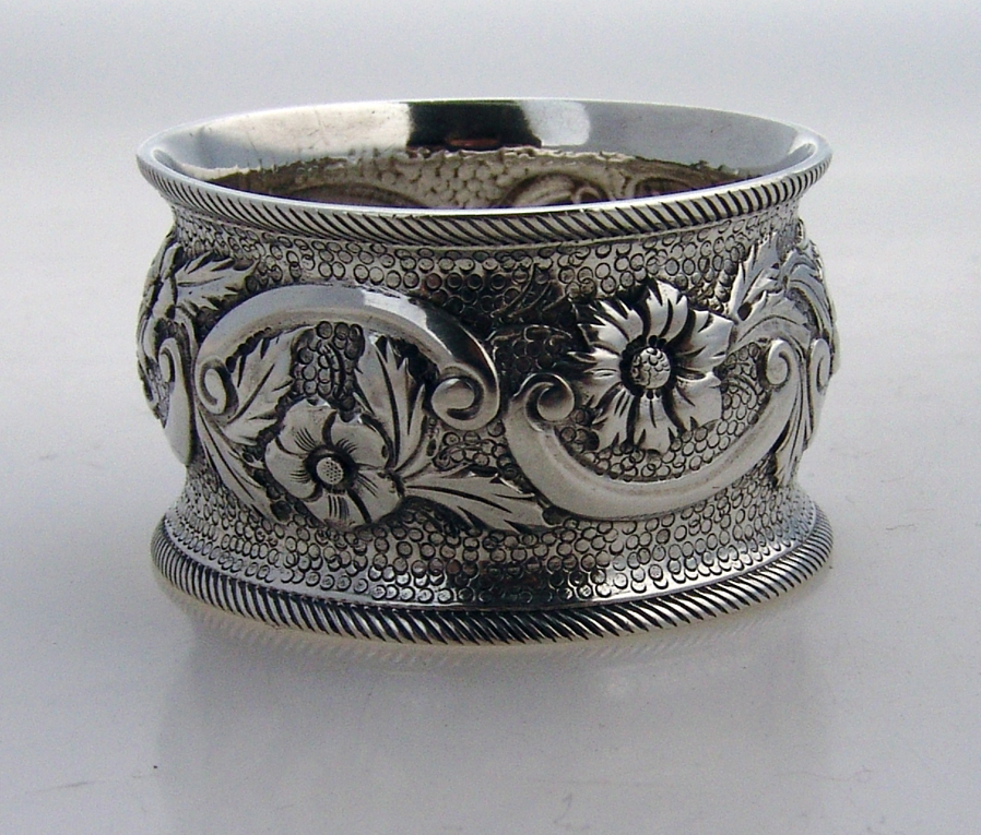 Coin Silver Napkin Ring Floral Repousse 1870